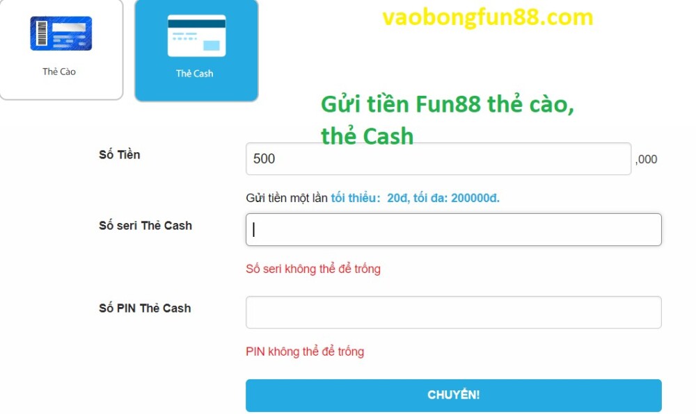Điền thông tin thẻ cào để nạp tiền FUN88 thành công